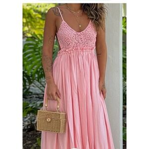 Pink Lily‎ Crochet Top Vneck Open Back Maxi Dress Fray Bottom Adj Straps Small